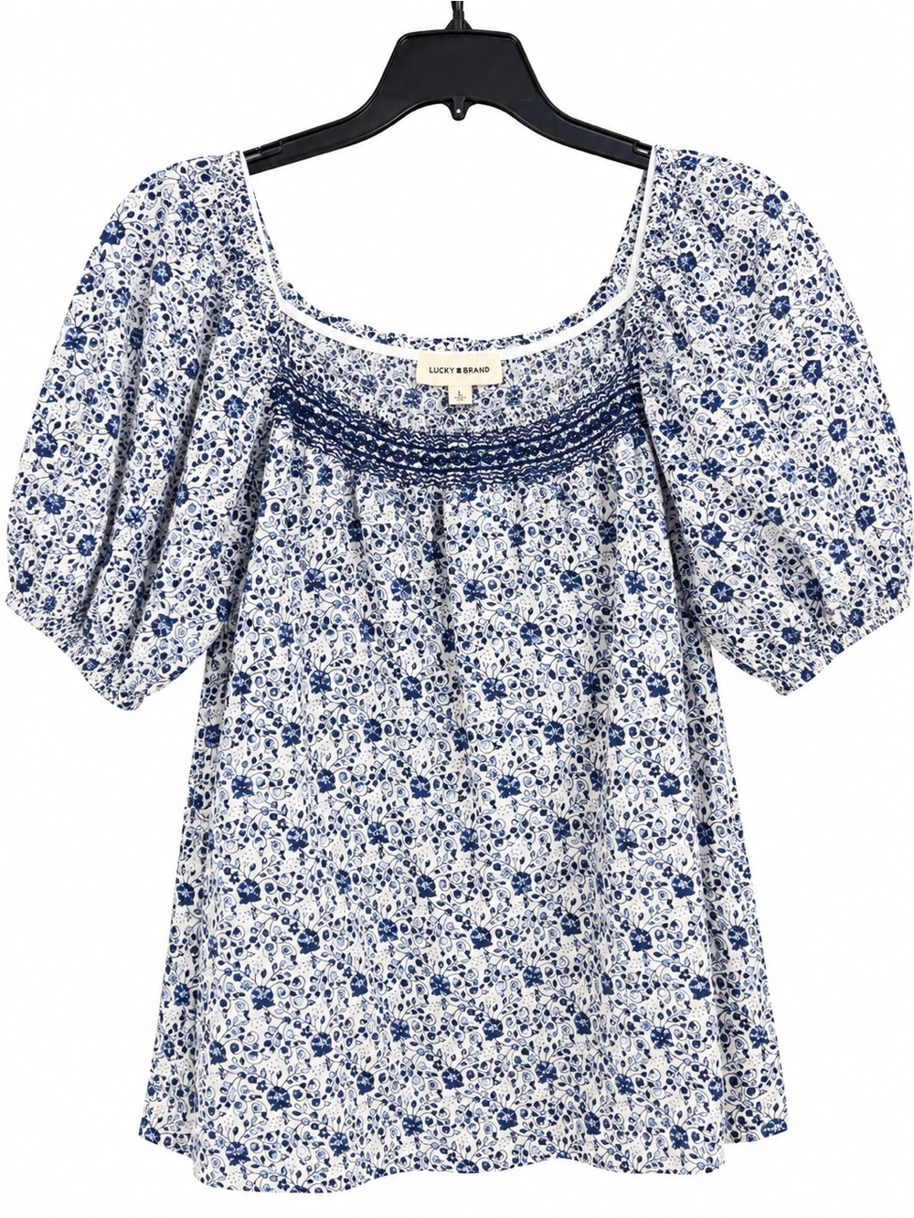 Lucky Brand Blue and White Floral Smocked Puff Sleeve Top